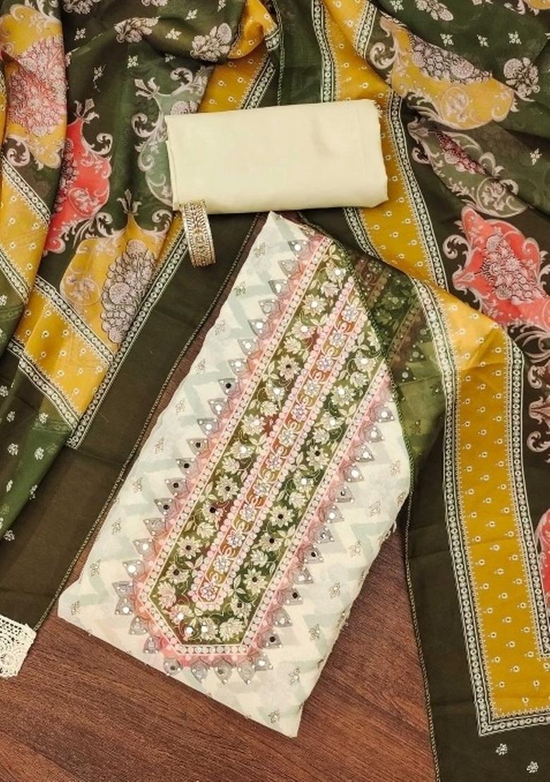 Multicolor Embroidered Oragnza Dress Material - Indya