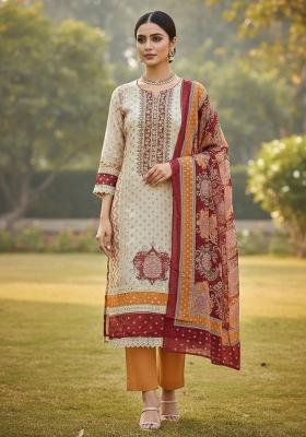 Multicolor Embroidered Oragnza Dress Material