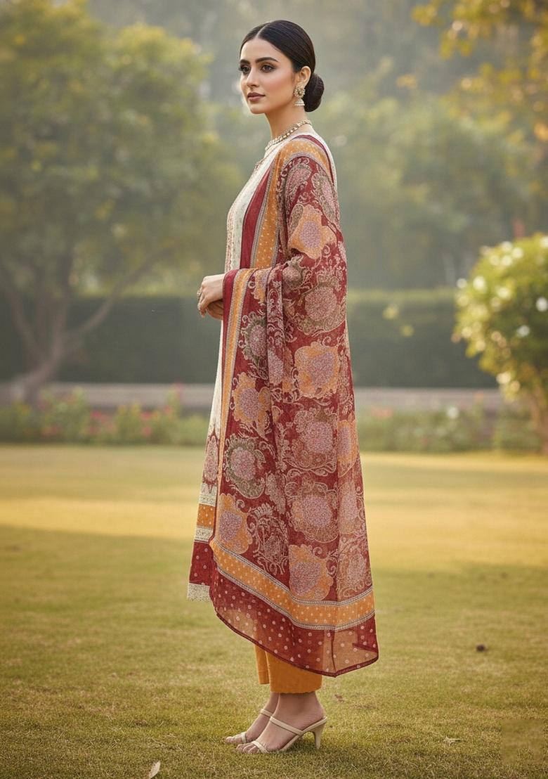 Multicolor Embroidered Oragnza Dress Material - Indya