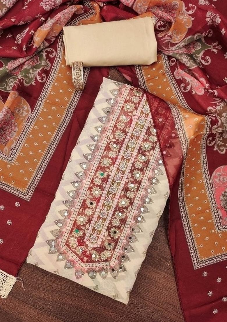 Multicolor Embroidered Oragnza Dress Material - Indya