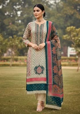 Multicolor Embroidered Oragnza Dress Material