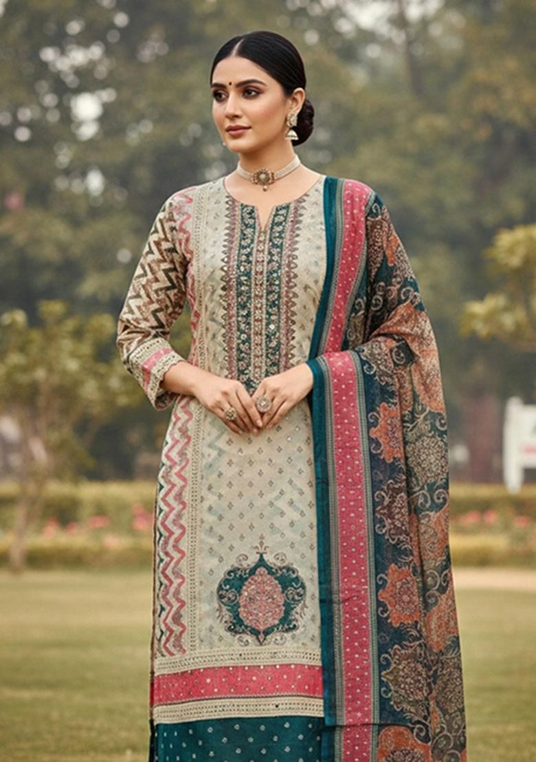 Multicolor Embroidered Oragnza Dress Material - Indya