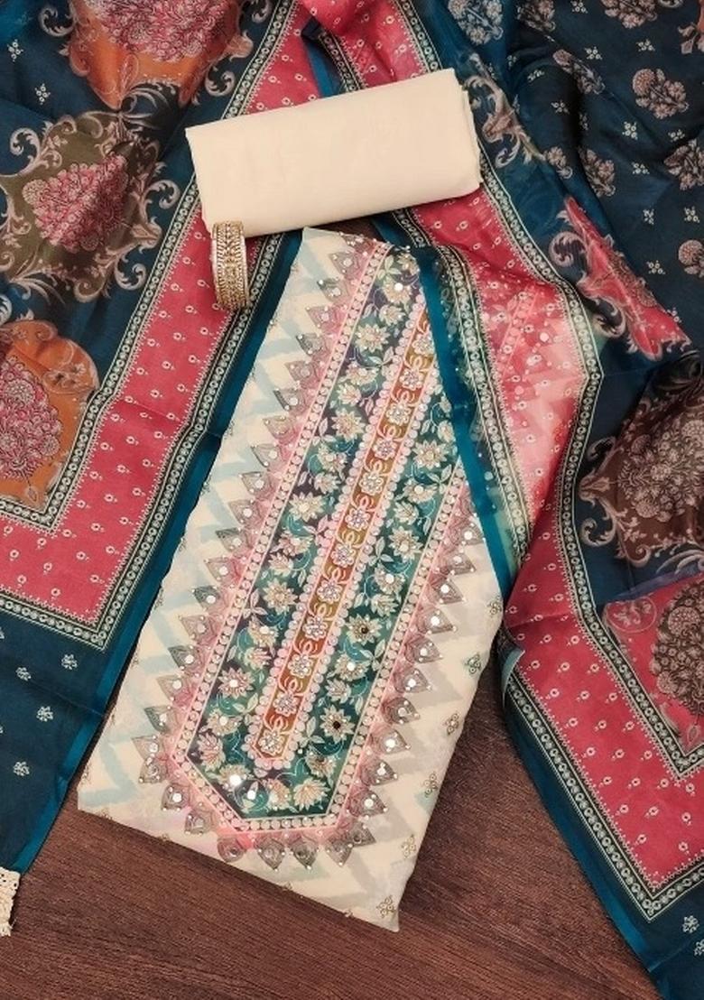 Multicolor Embroidered Oragnza Dress Material - Indya