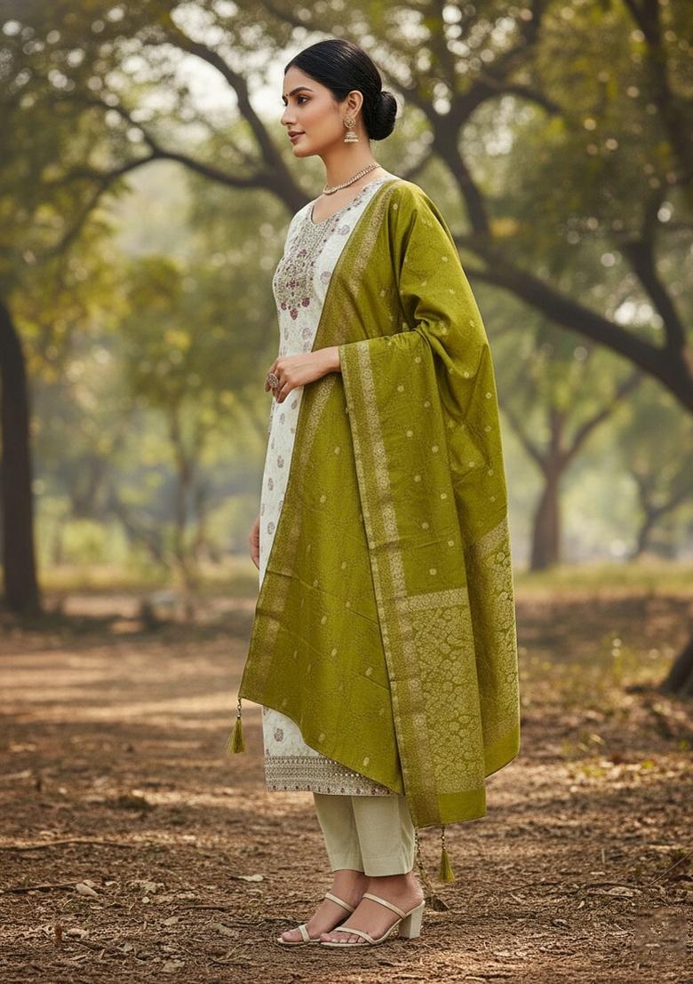 Off White Embroidered Chanderi Dress Material - Indya