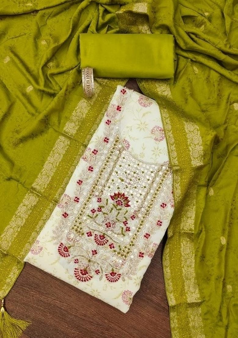 Off White Embroidered Chanderi Dress Material - Indya