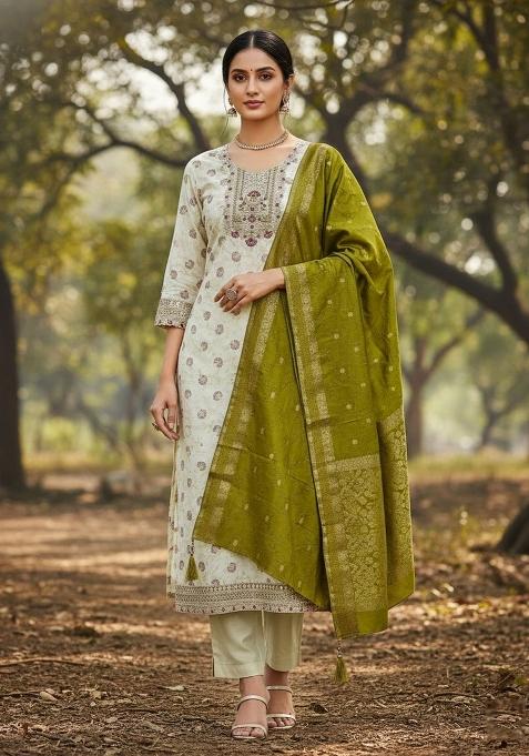 Off White Embroidered Chanderi Dress Material