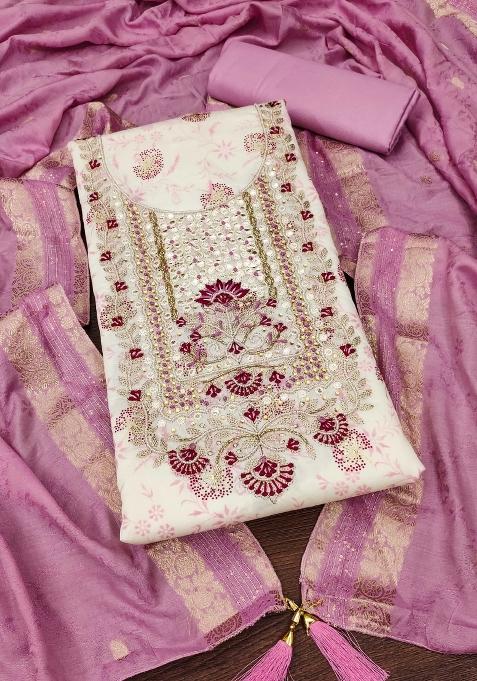 Off White Embroidered Chanderi Dress Material