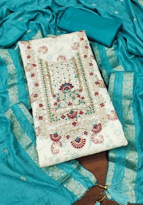 Off White Embroidered Chanderi Dress Material
