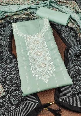Sea Green Embroidered Silk Dress Material