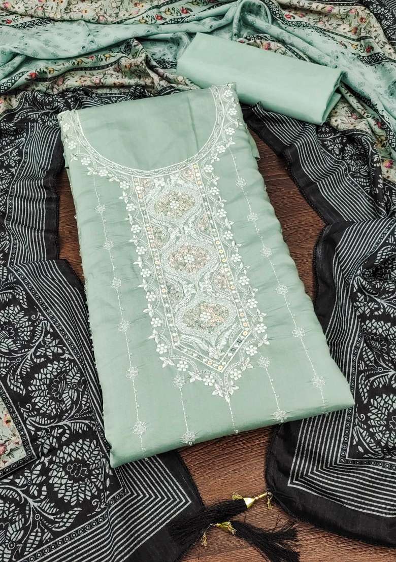 Sea Green Embroidered Silk Blend Pakistani Suit Set - Indya