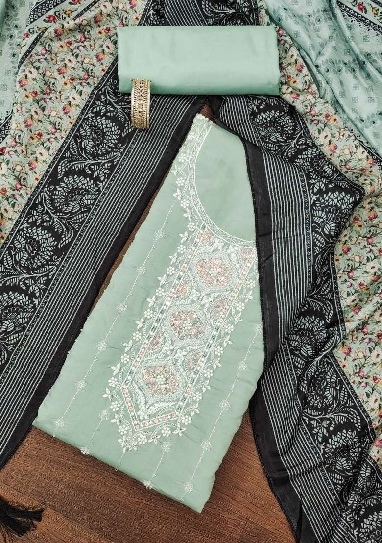 Sea Green Embroidered Silk Blend Pakistani Suit Set - Indya