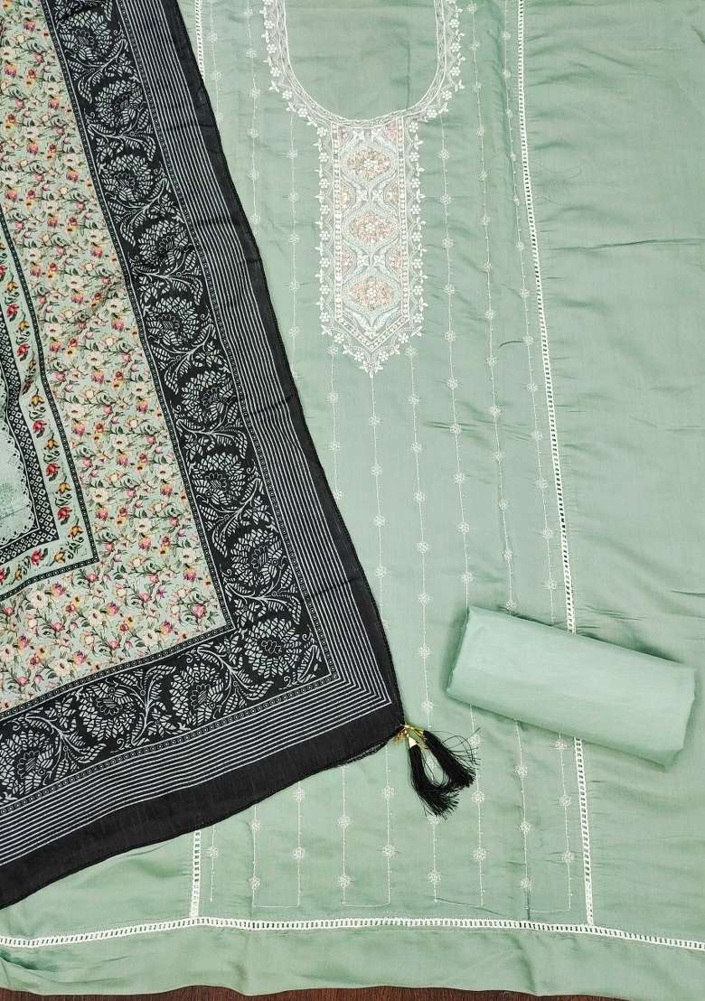 Sea Green Embroidered Silk Blend Pakistani Suit Set - Indya