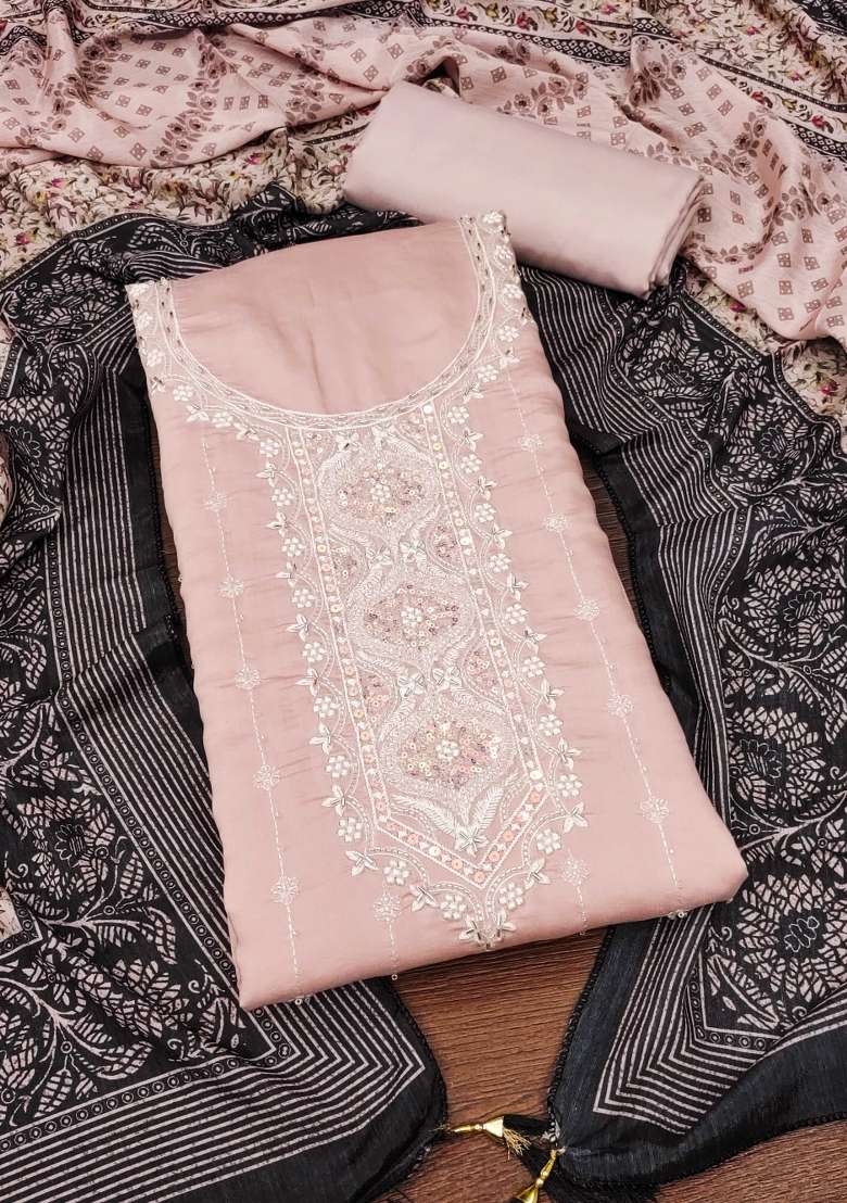 Peach Embroidered Silk Dress Material - Indya