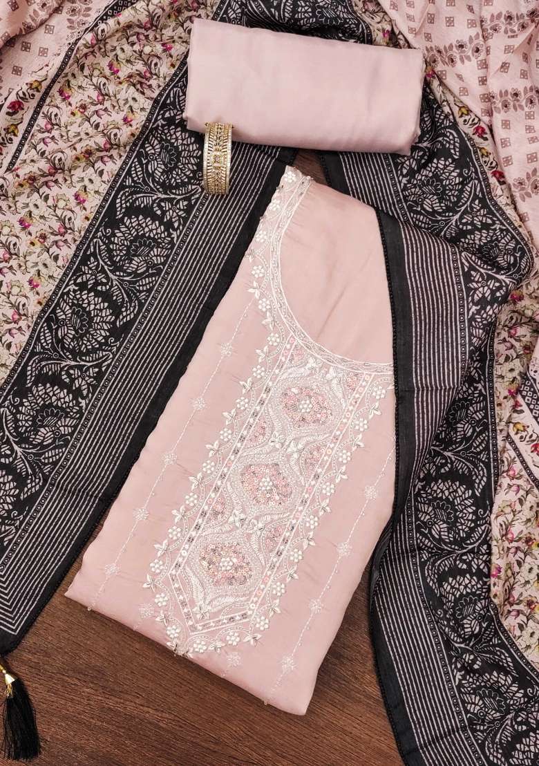 Peach Embroidered Silk Dress Material - Indya