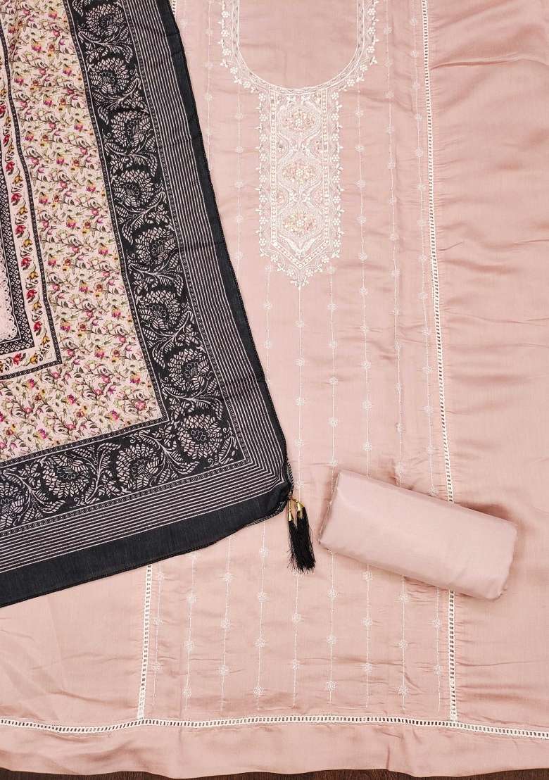 Peach Embroidered Silk Dress Material - Indya