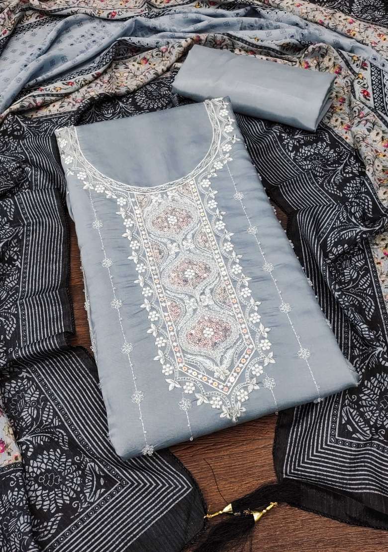Grey Embroidered Silk Blend Dress Material - Indya