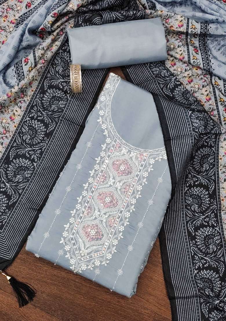 Grey Embroidered Silk Blend Dress Material - Indya