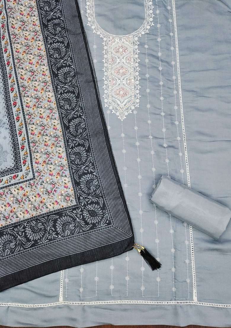 Grey Embroidered Silk Blend Dress Material - Indya