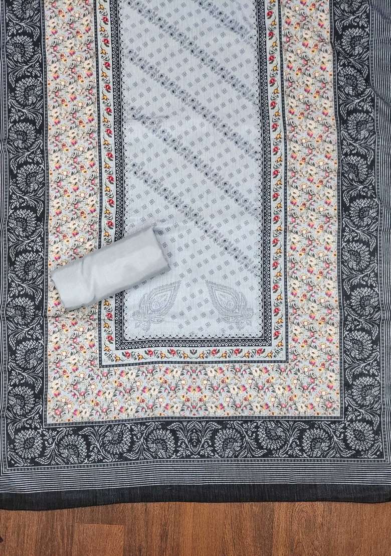 Grey Embroidered Silk Blend Dress Material - Indya