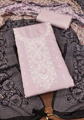 Lavender Embroidered Silk Dress Material