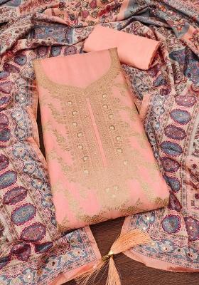 Peach Embroidered Jacquard Dress Material