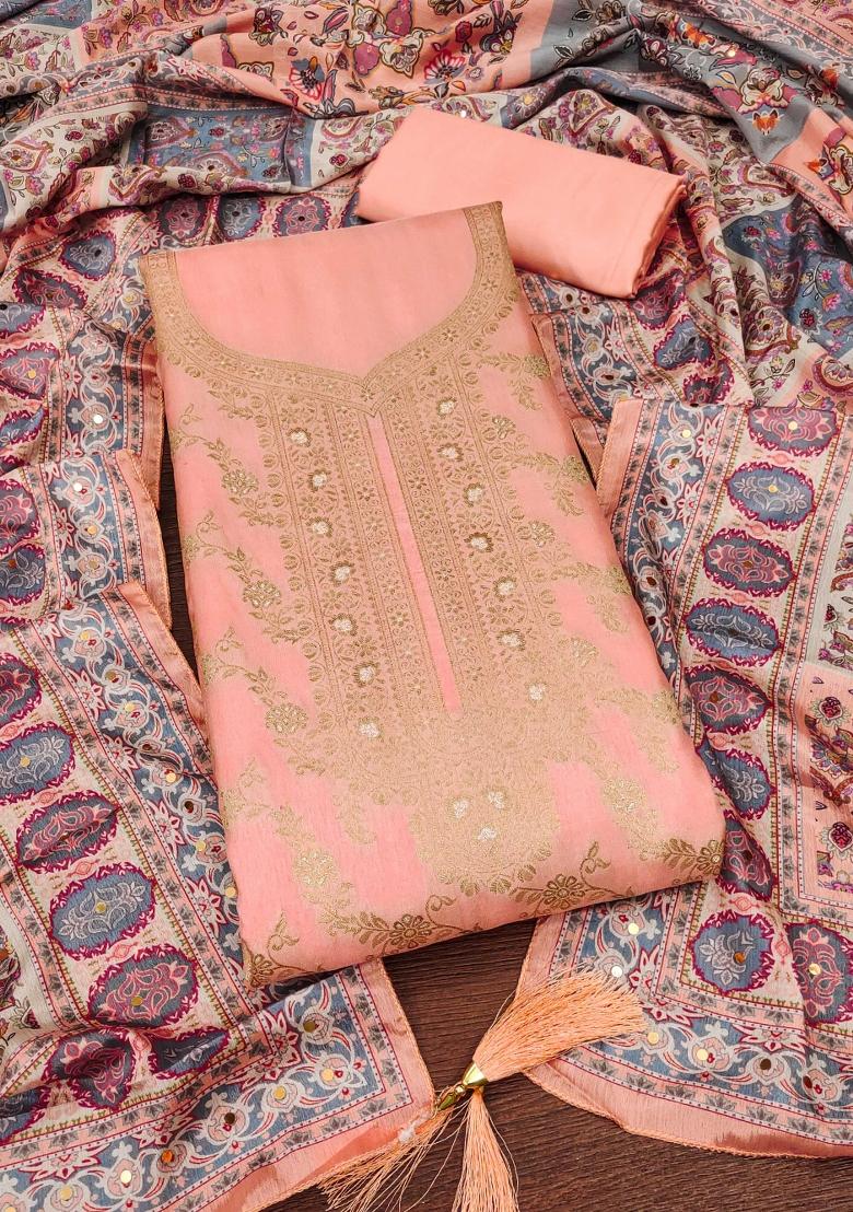 Peach Embroidered Jacquard Dress Material