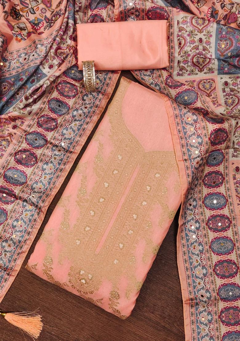 Peach Embroidered Jacquard Dress Material