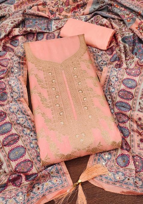 Peach Embroidered Jacquard Dress Material