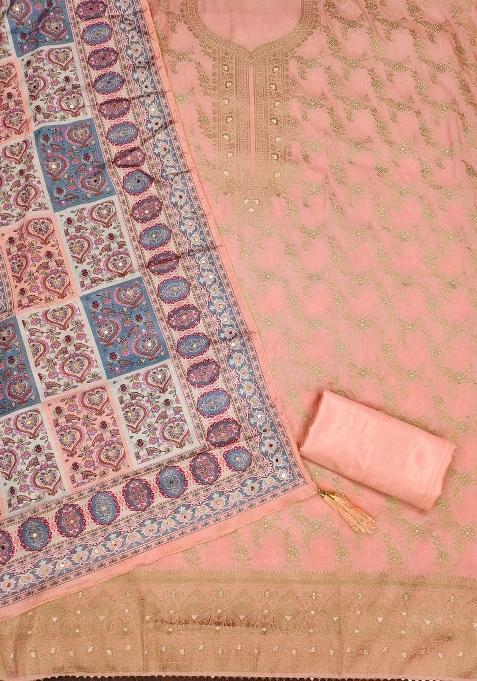 Peach Embroidered Jacquard Dress Material