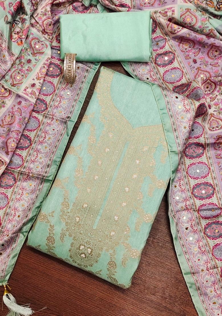 Sea Green Embroidered Jacquard Dress Material