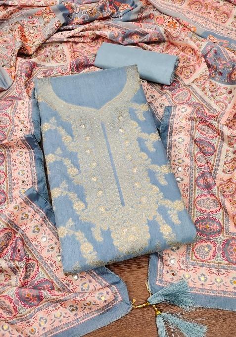 Grey Embroidered Jacquard Dress Material