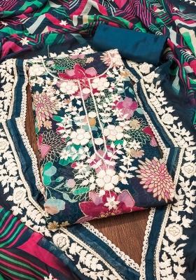 Teal Blue Embroidered Oragnza Dress Material