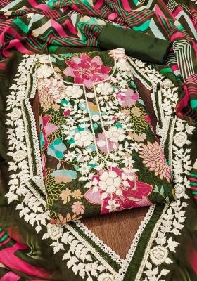 Olive Green Embroidered Oragnza Dress Material