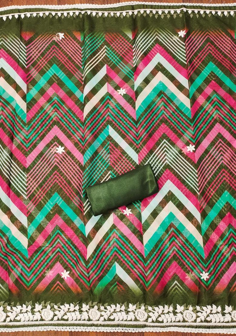 Olive Green Embroidered Oragnza Dress Material - Indya