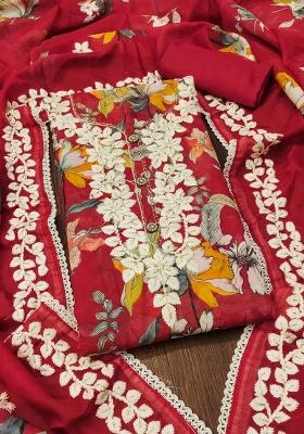 Red Embroidered Oragnza Dress Material