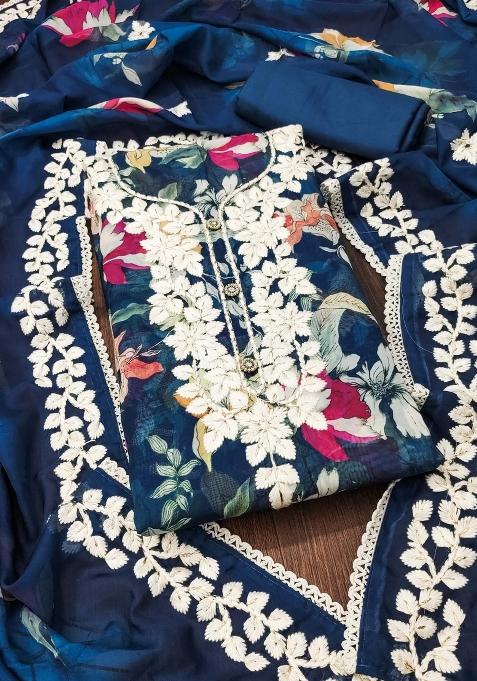 Navy Blue Embroidered Organza Straight Kurta Set