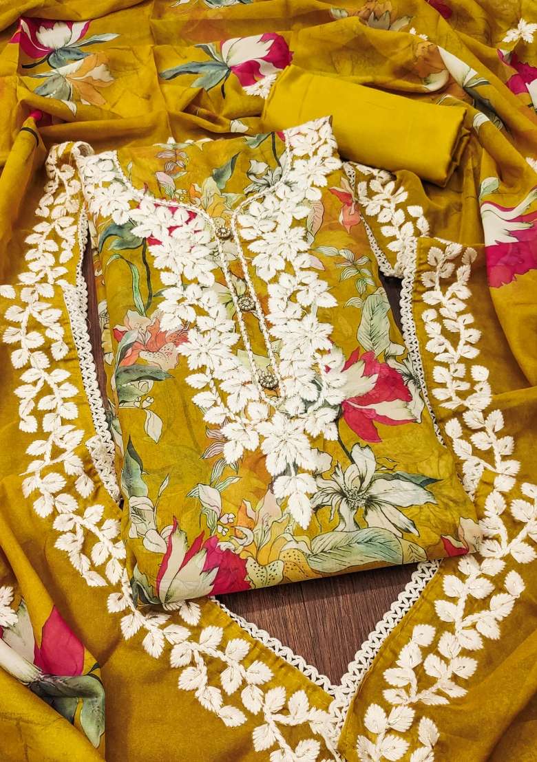 Mustard Embroidered Oragnza Dress Material - Indya