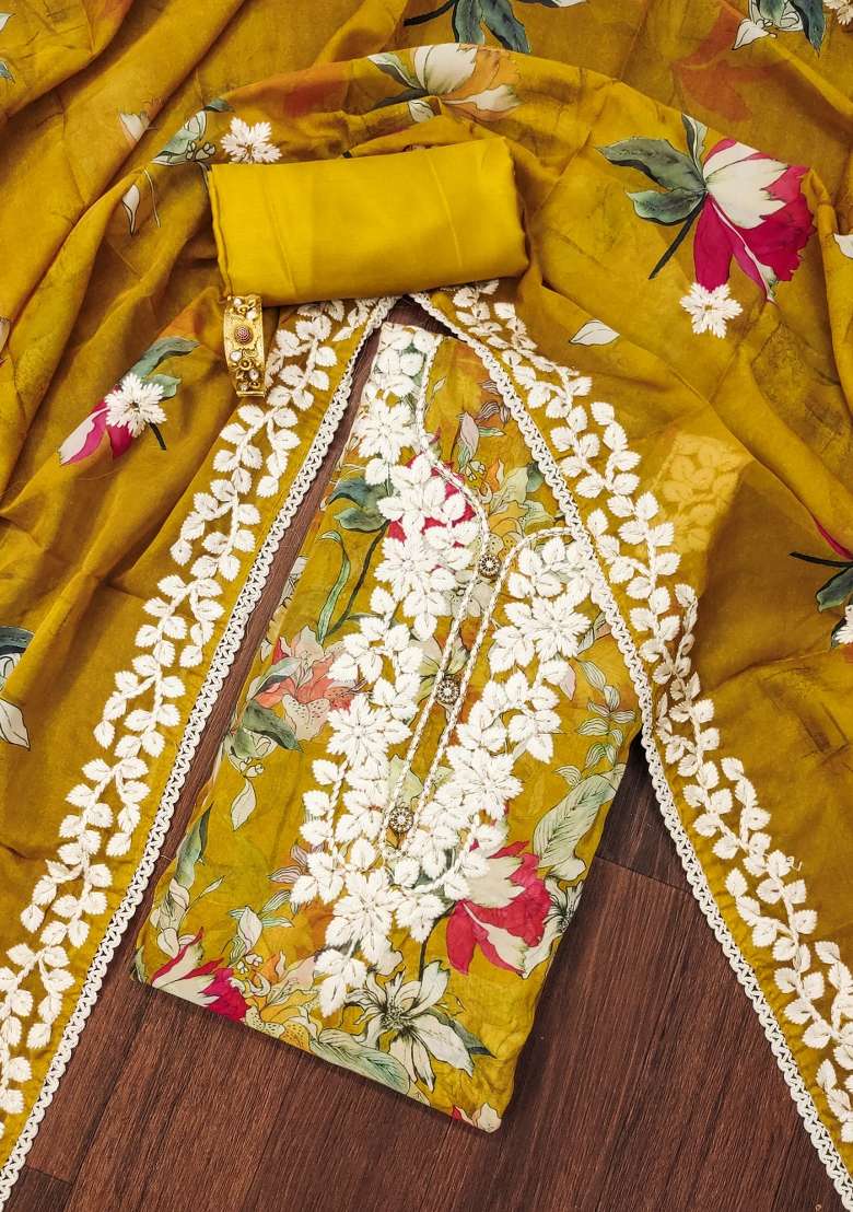 Mustard Embroidered Oragnza Dress Material - Indya