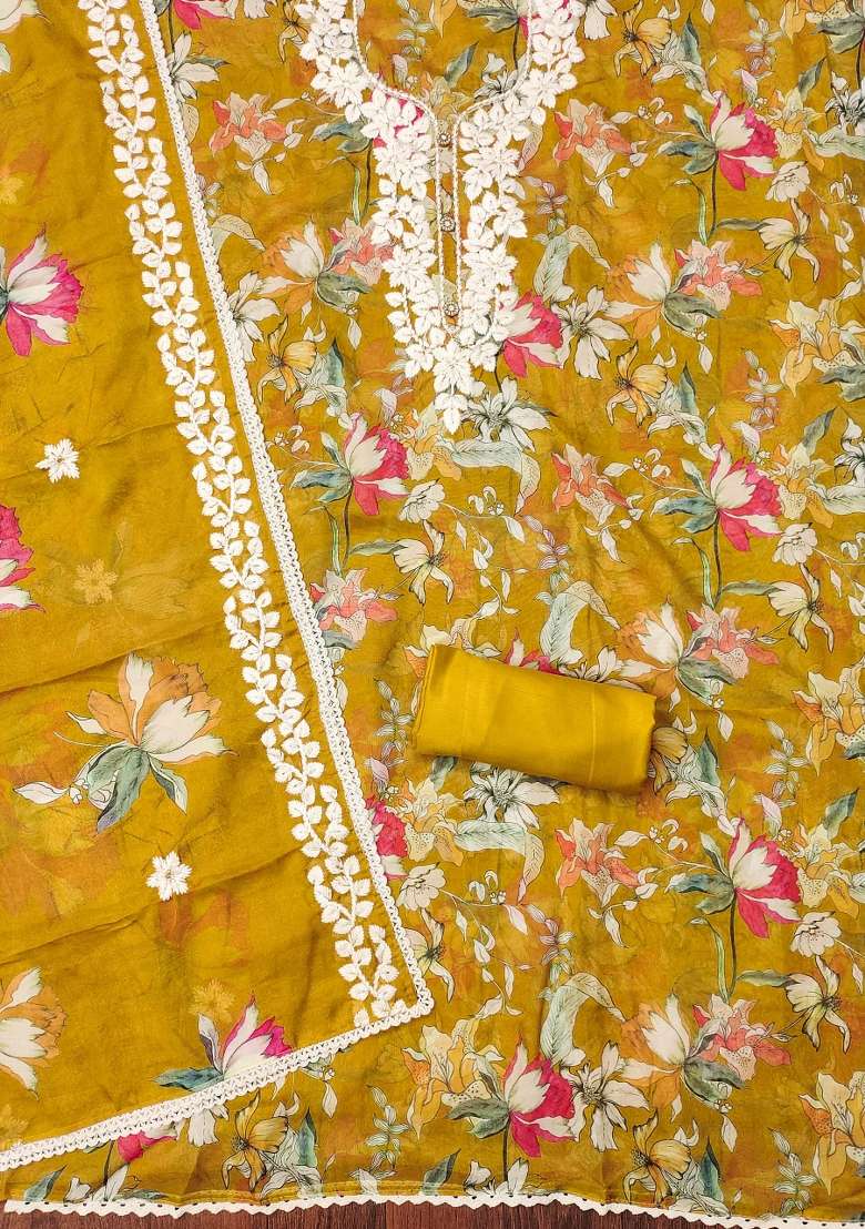Mustard Embroidered Oragnza Dress Material - Indya