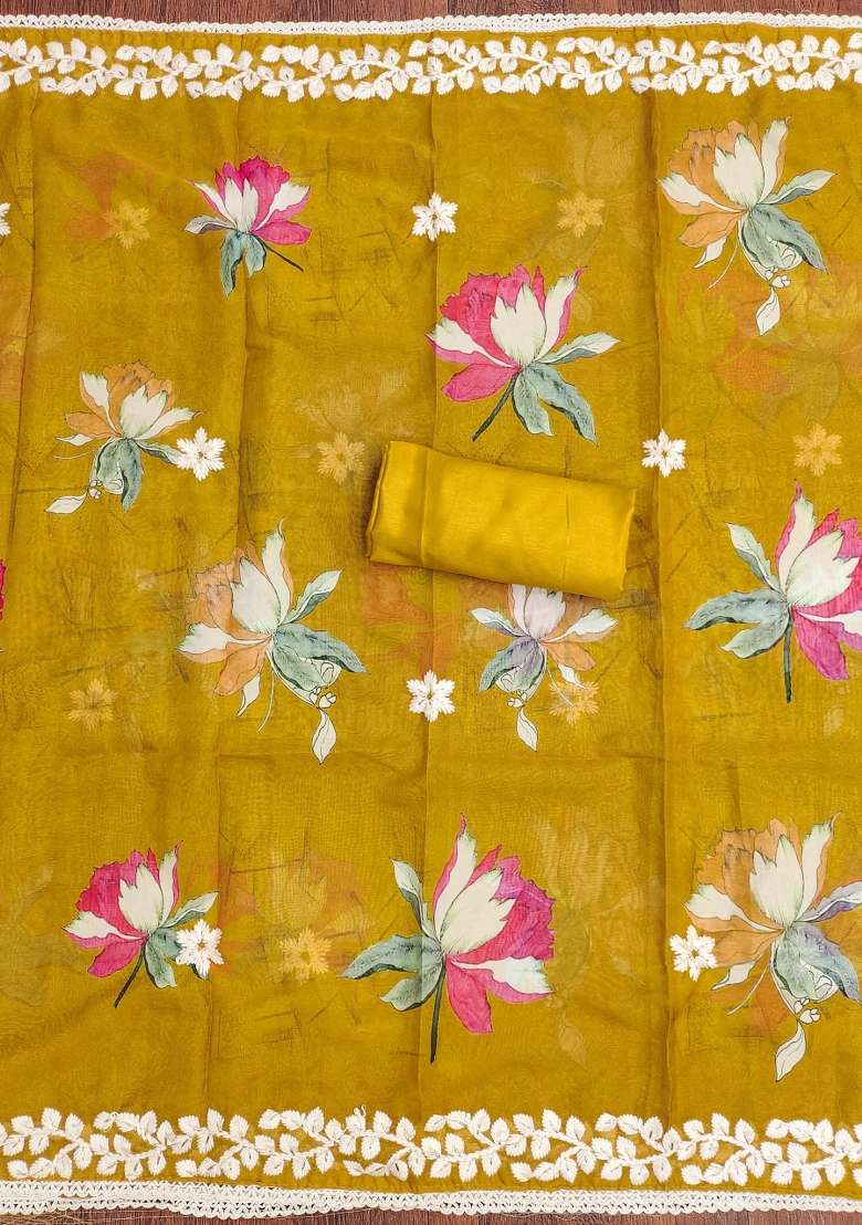 Mustard Embroidered Oragnza Dress Material - Indya