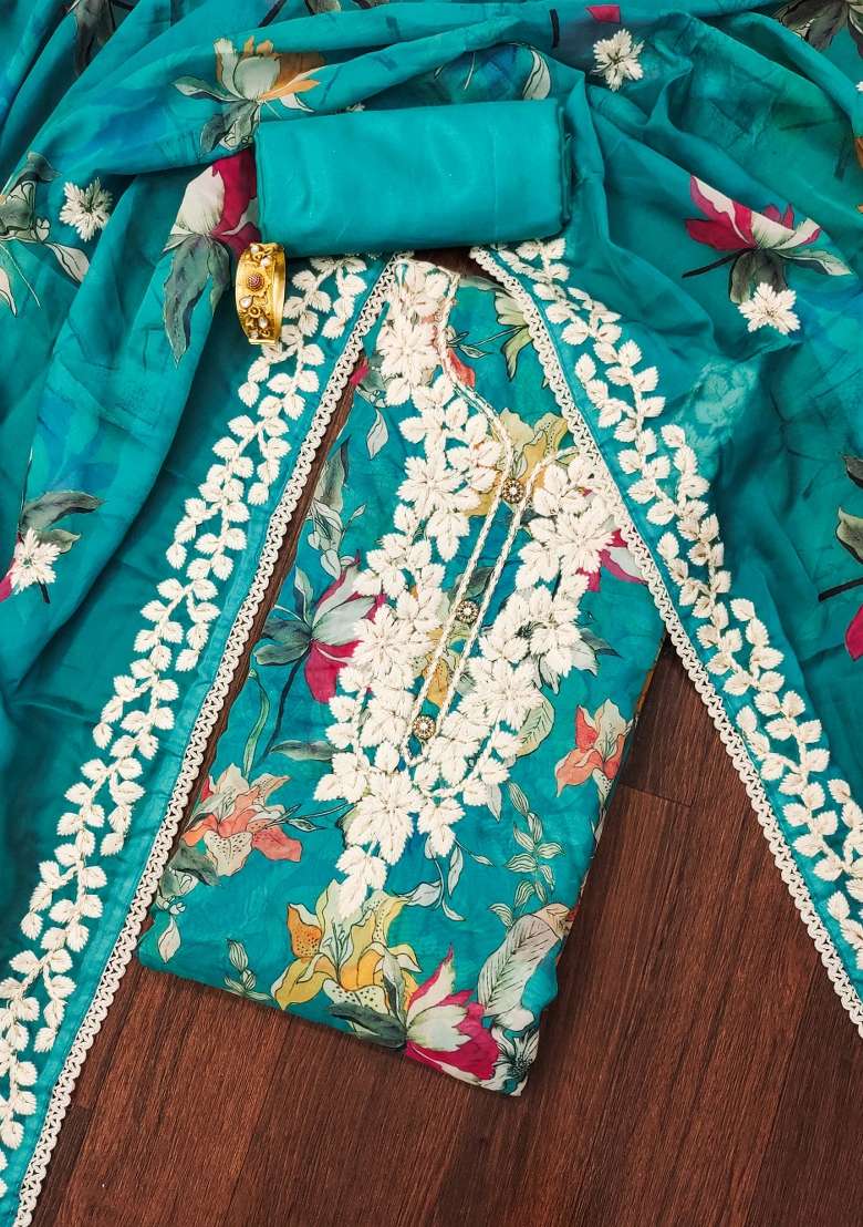 Sky Blue Embroidered Organza Pakistani Suit Set - Indya