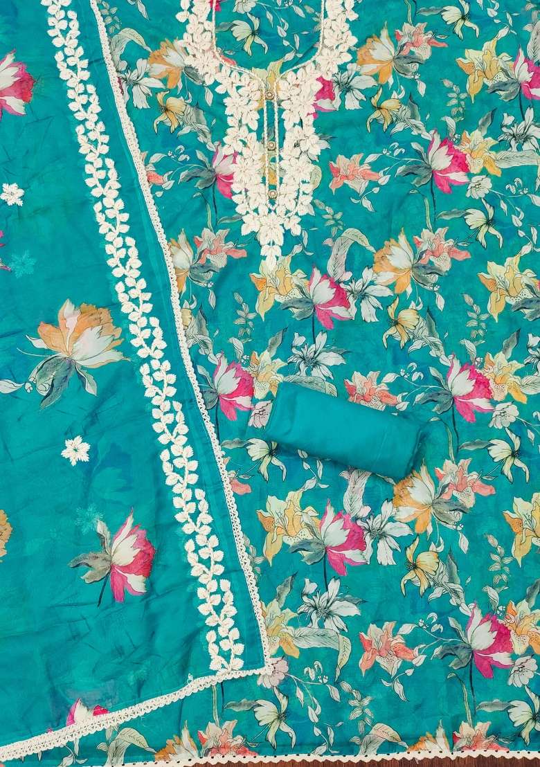 Sky Blue Embroidered Organza Pakistani Suit Set - Indya