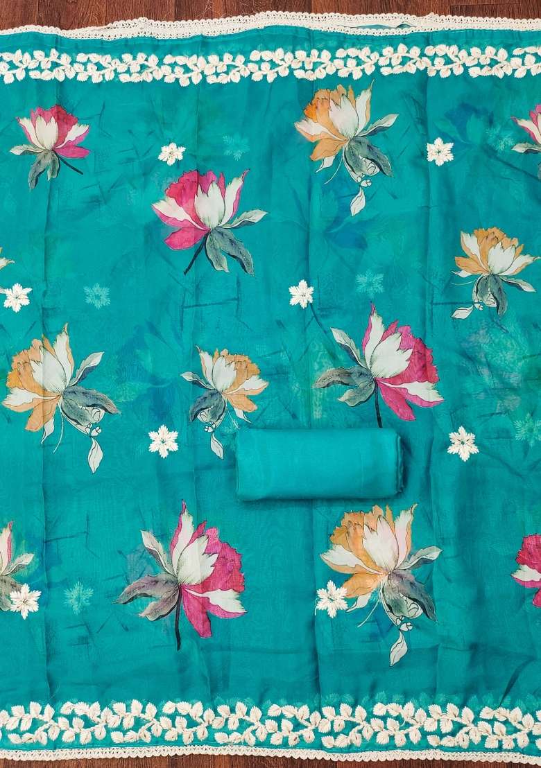 Sky Blue Embroidered Organza Pakistani Suit Set - Indya