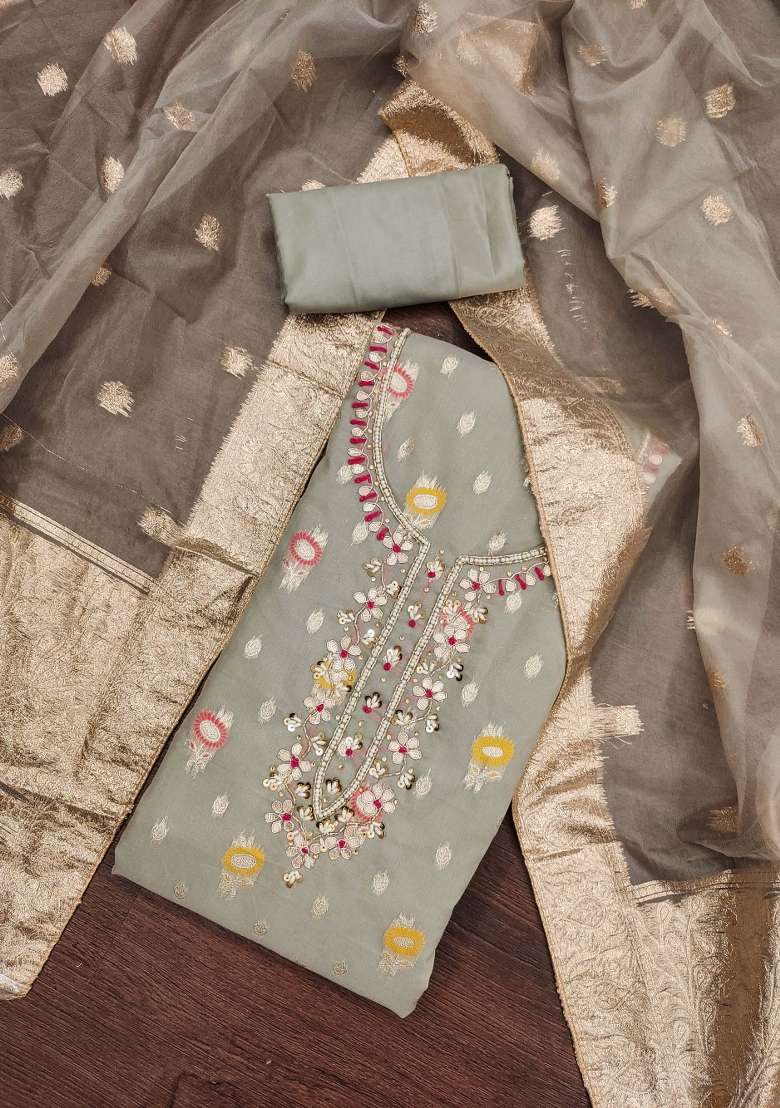 Grey Embroidered Organza Straight Kurta Set - Indya