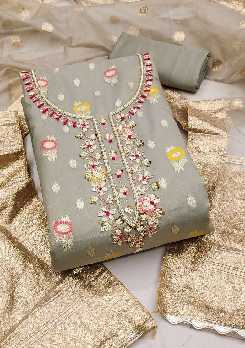 Grey Embroidered Organza Straight Kurta Set - Indya