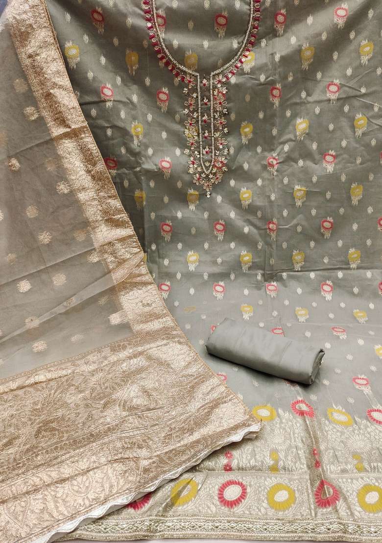 Grey Embroidered Organza Straight Kurta Set - Indya