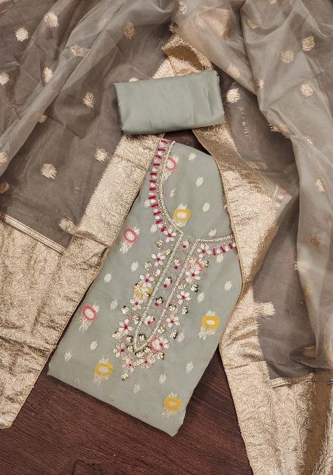 Grey Embroidered Oragnza Dress Material