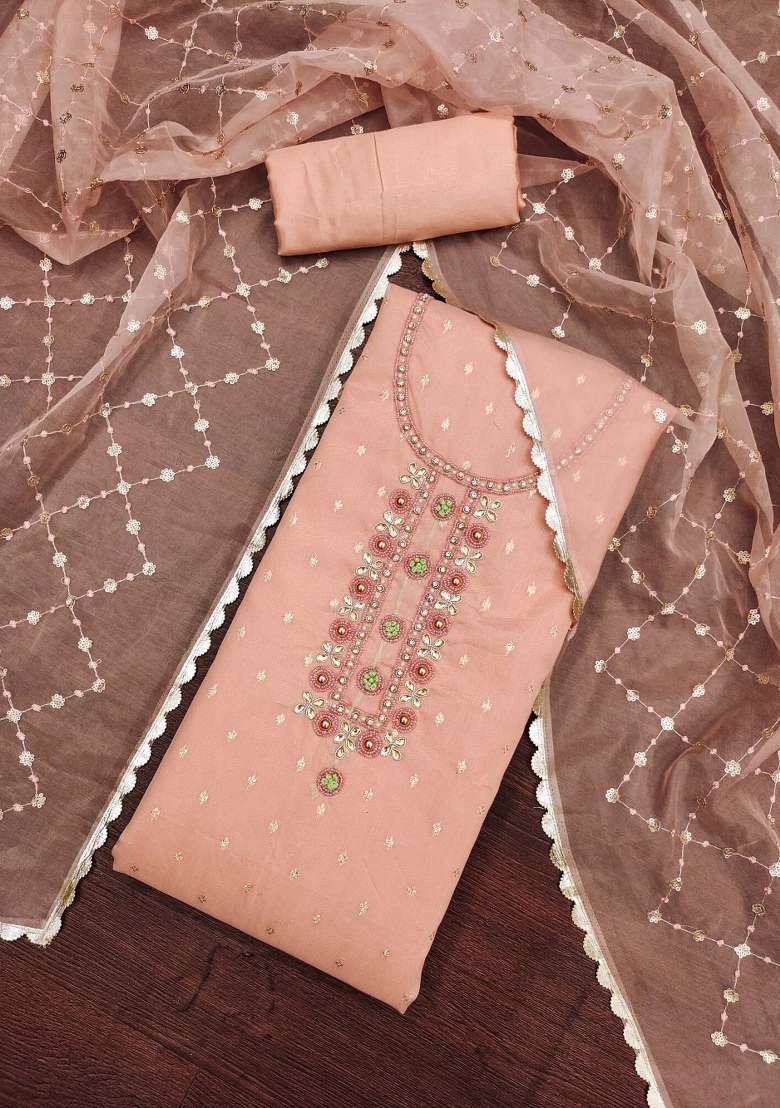 Peach Embroidered Oragnza Dress Material - Indya
