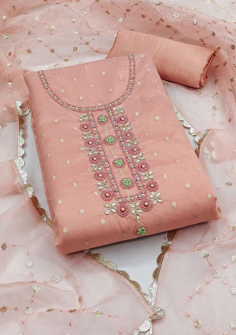 Peach Embroidered Oragnza Dress Material - Indya