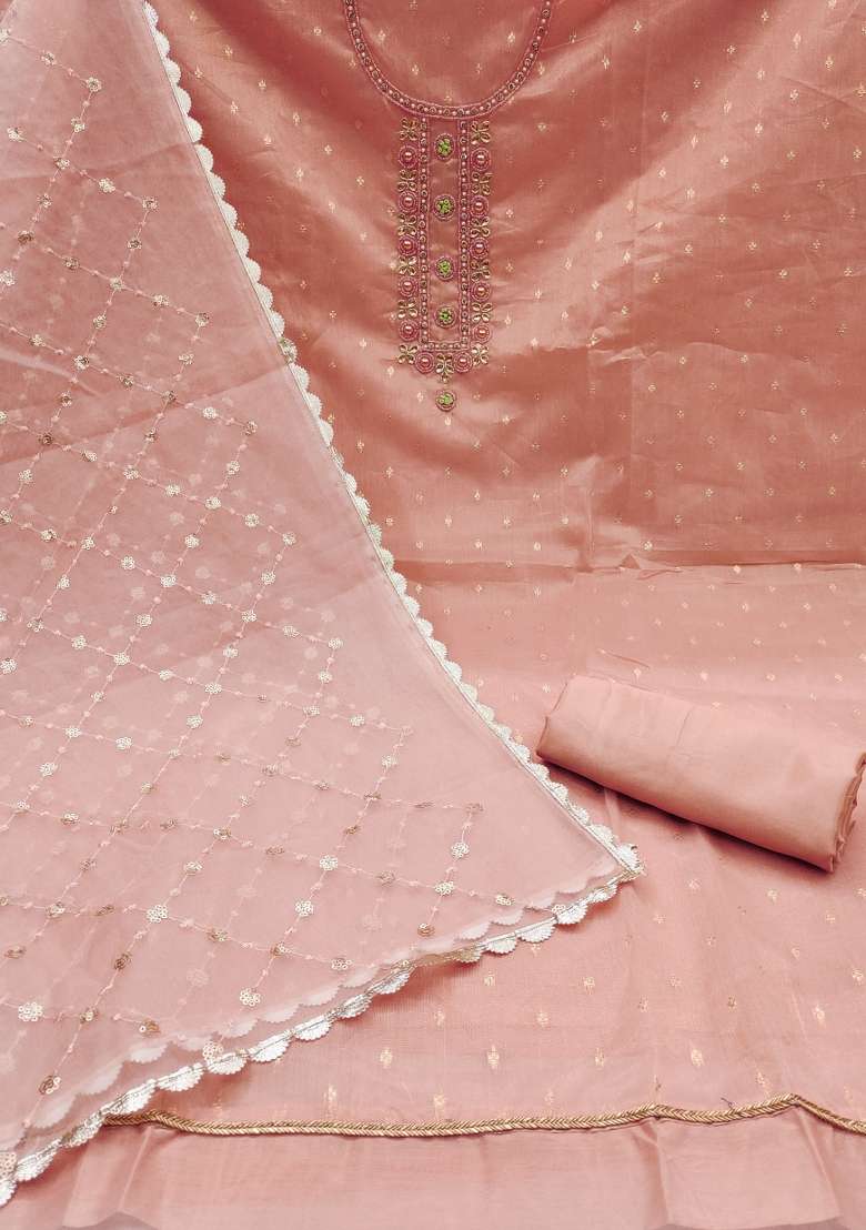Peach Embroidered Oragnza Dress Material - Indya